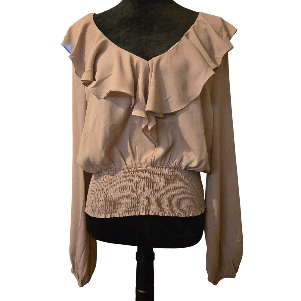 Savanna Jane NWT Blossom Rushed Women's Large Top Mocha Boho Fairy Isle Ruffle